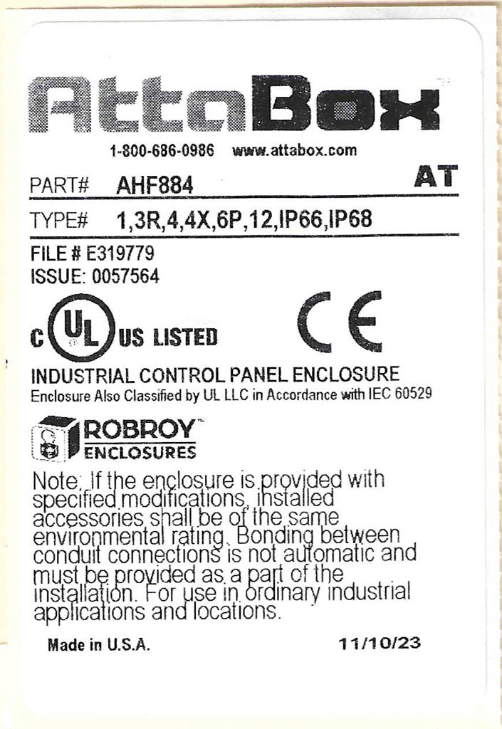 AttaBox Heartland series enclosure, NEMA 1/3R/4/4X/12, 8 x 8 x 4in (HxWxD), wall mount, polycarbonate, Pantone 7541 C light gray, single-door, polycarbonate quick-release latch.-AHF884