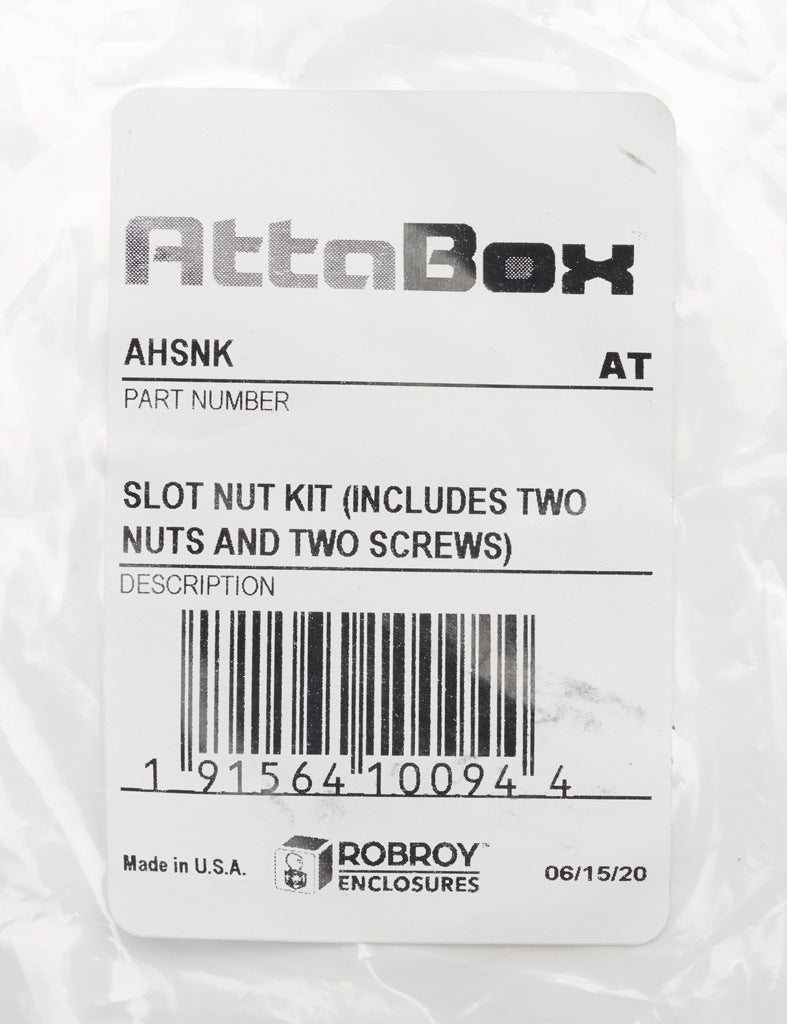 AttaBox slot nut kit, #10-32 UNF x 0.375in, Phillips pan head, zinc plated steel. Package of 2. For use with Heartland series enclosures. Includes screw and galvanized steel slot nut.-AHSNK
