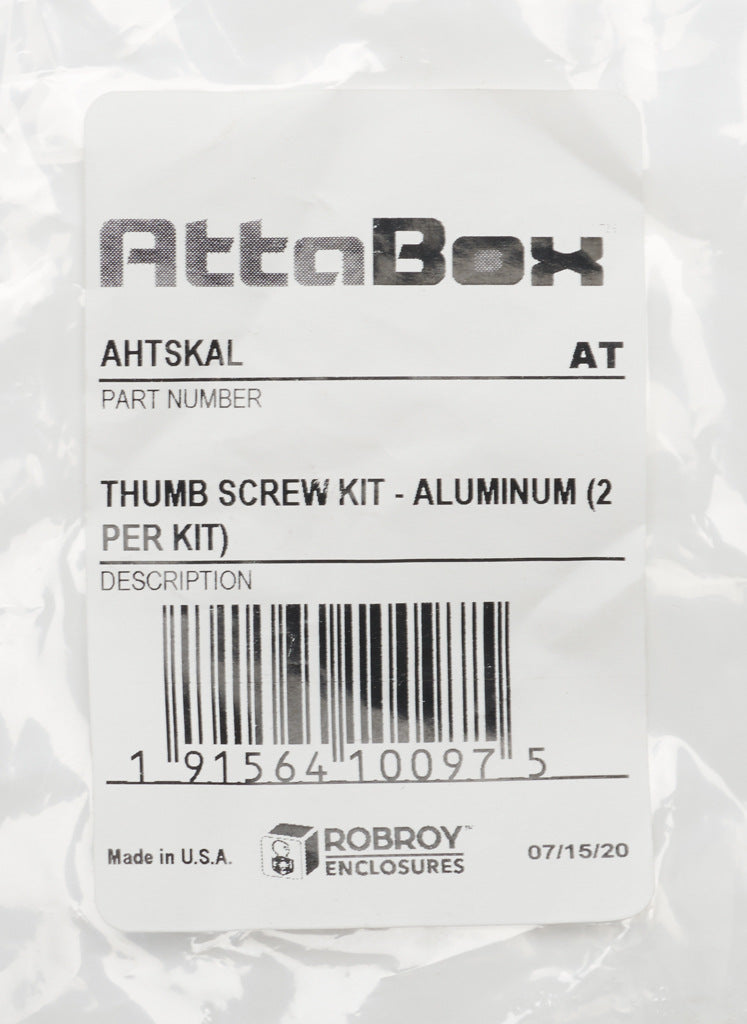 AttaBox thumb screw, replacement, #10-32 UNF x 0.375in, aluminum. Package of 2. For use with Heartland series enclosures. Nylon washer included.-AHTSKAL