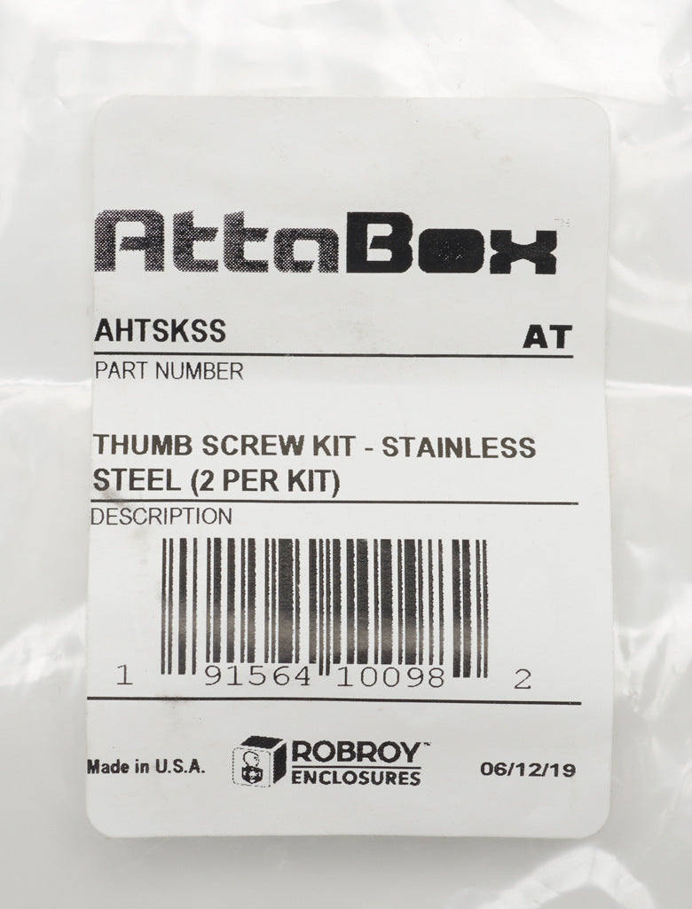 AttaBox thumb screw, replacement, #10-32 UNF x 0.375in, stainless steel. Package of 2. For use with Heartland series enclosures. Nylon washer included.-AHTSKSS