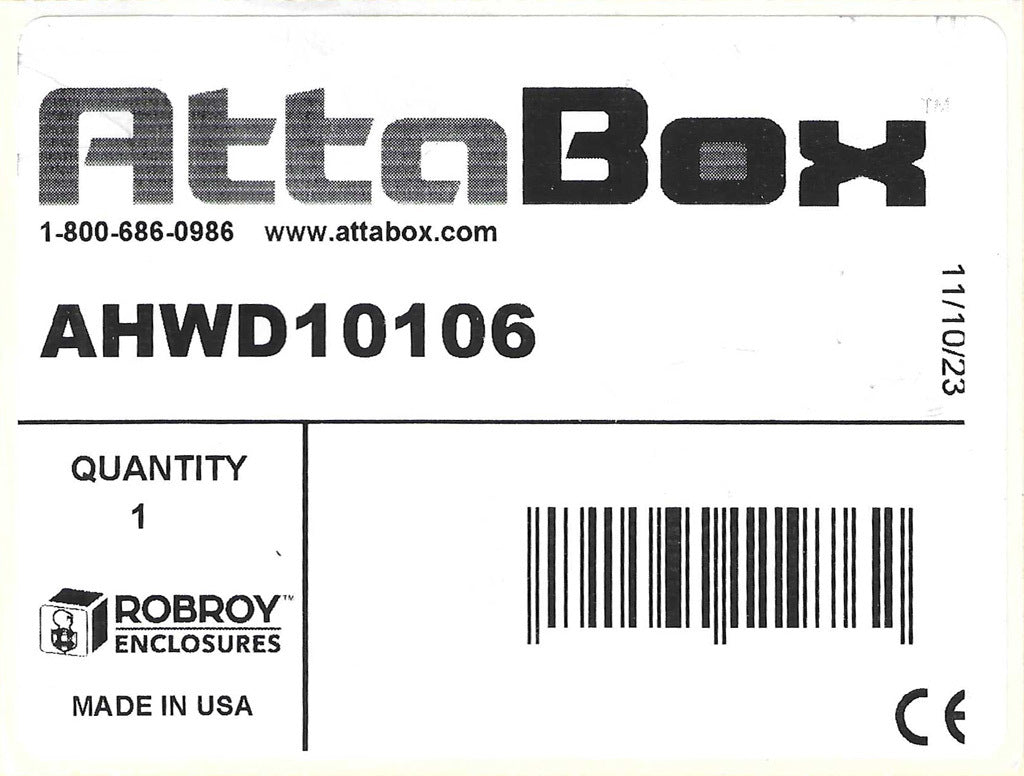 AttaBox Heartland series enclosure, with shelf, NEMA 1/3R/4/4X/12, 10 x 10 x 6in (HxWxD), wall mount, polycarbonate, Pantone 7541 C light gray, single-door, polycarbonate quick-release latch.-AHWD10106
