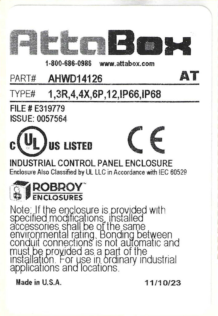 AttaBox Heartland series enclosure, with shelf, NEMA 1/3R/4/4X/12, 14 x 12 x 6in (HxWxD), wall mount, polycarbonate, Pantone 7541 C light gray, single-door, polycarbonate quick-release latch.-AHWD14126