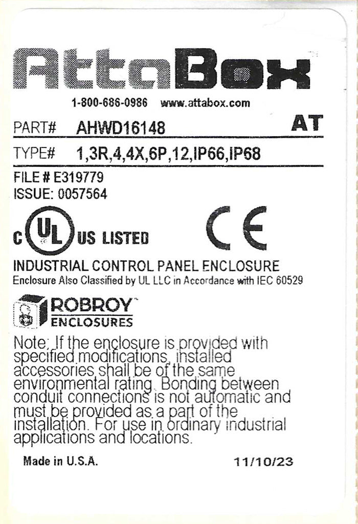 AttaBox Heartland series enclosure, with shelf, NEMA 1/3R/4/4X/12, 16 x 14 x 8in (HxWxD), wall mount, polycarbonate, Pantone 7541 C light gray, single-door, polycarbonate quick-release latch.-AHWD16148