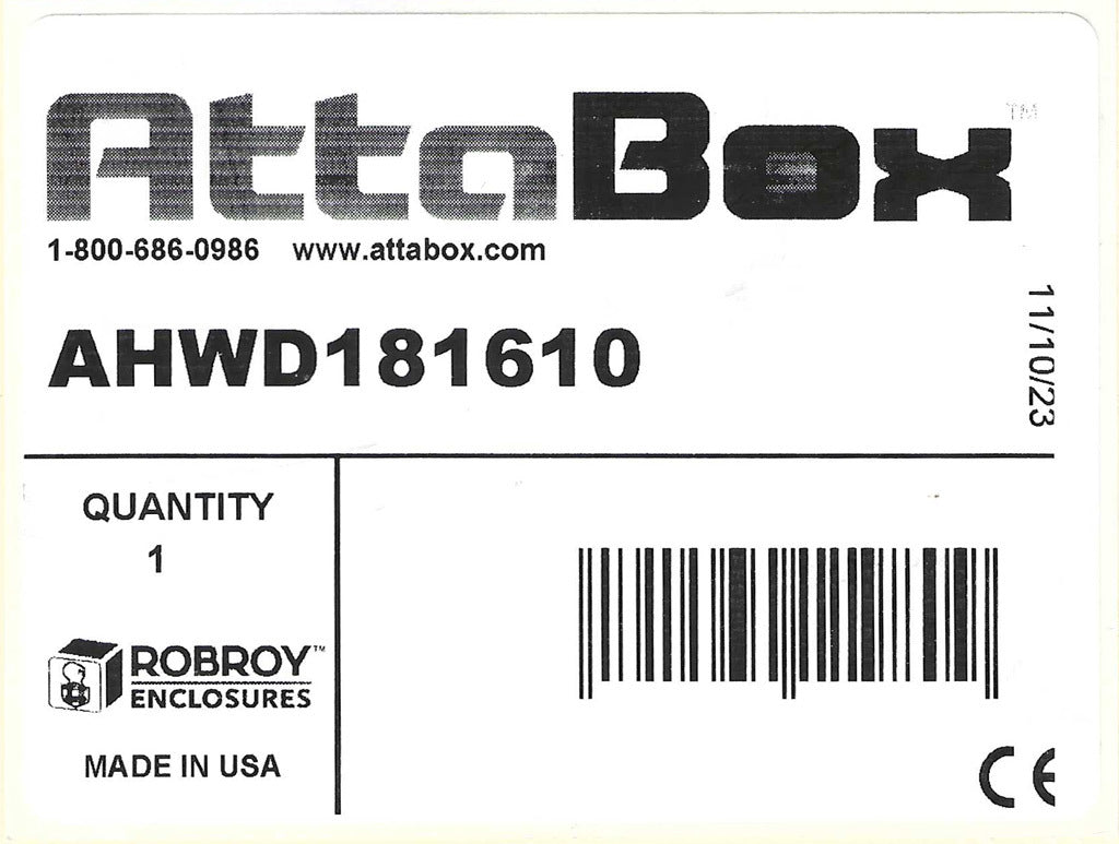 AttaBox Heartland series enclosure, with shelf, NEMA 1/3R/4/4X/12, 18 x 16 x 10in (HxWxD), wall mount, polycarbonate, Pantone 7541 C light gray, single-door, polycarbonate quick-release latch.-AHWD181610