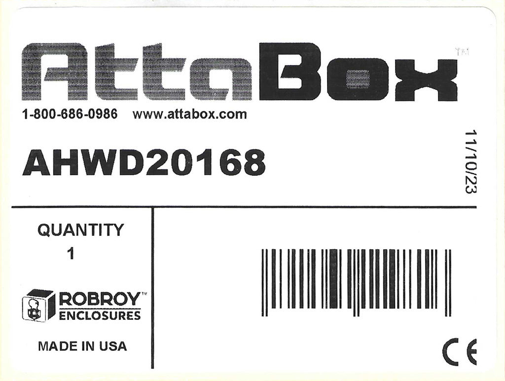 AttaBox Heartland series enclosure, with shelf, NEMA 1/3R/4/4X/12, 20 x 16 x 8in (HxWxD), wall mount, polycarbonate, Pantone 7541 C light gray, single-door, polycarbonate quick-release latch.-AHWD20168