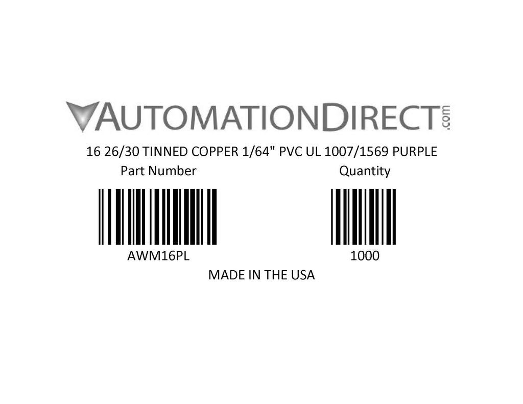 Atlas Wire AWM hook-up wire, single conductor, 16 AWG, 26-stranded, tinned copper, PVC conductor insulation material, purple, 300V, 500ft spool.-AWM16PL