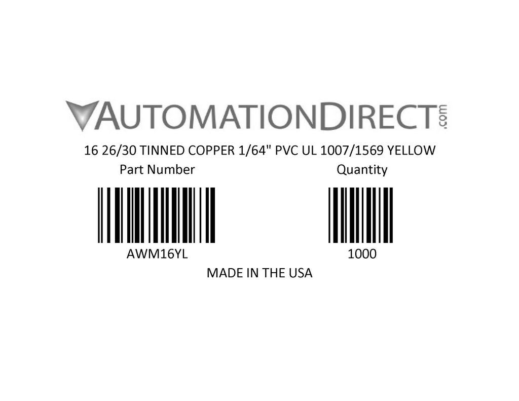 Atlas Wire AWM hook-up wire, single conductor, 16 AWG, 26-stranded, tinned copper, PVC conductor insulation material, yellow, 300V, 500ft spool.-AWM16YL
