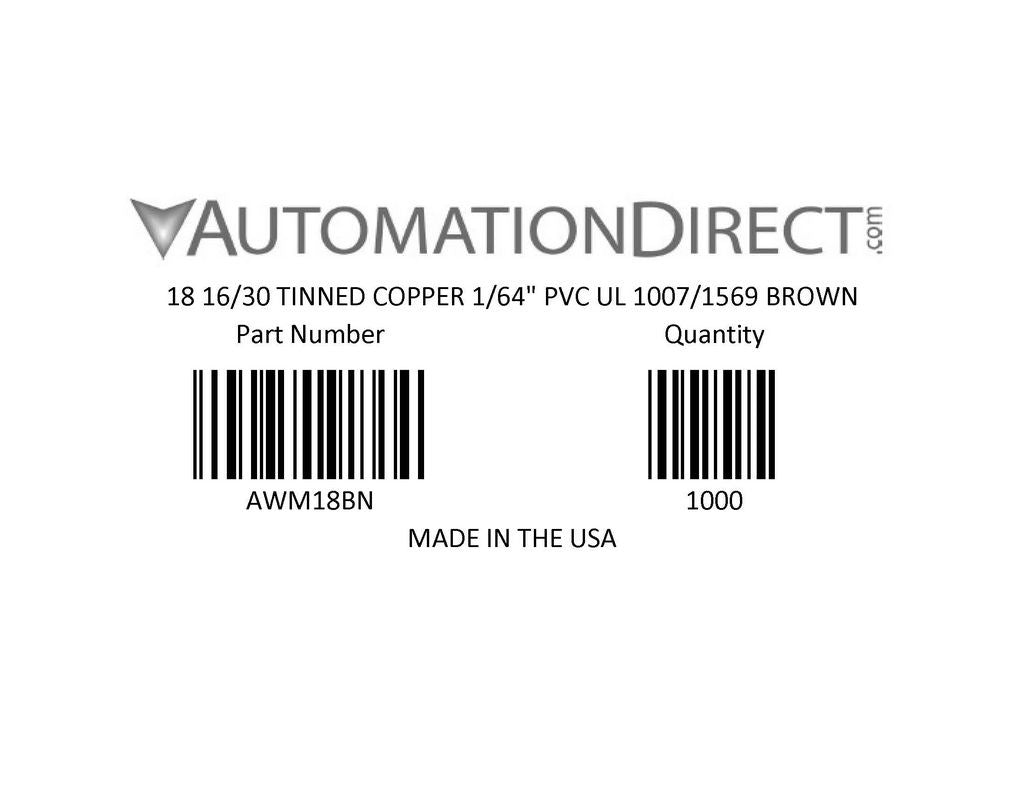 Atlas Wire AWM hook-up wire, single conductor, 18 AWG, 16-stranded, tinned copper, PVC conductor insulation material, brown, 300V, 500ft spool.-AWM18BN