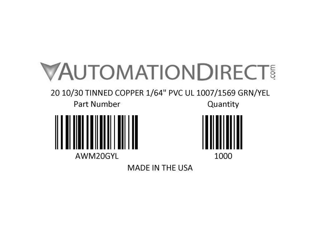 Atlas Wire AWM hook-up wire, single conductor, 20 AWG, 10-stranded, tinned copper, PVC conductor insulation material, green with yellow stripe, 300V, 500ft spool.-AWM20GYL