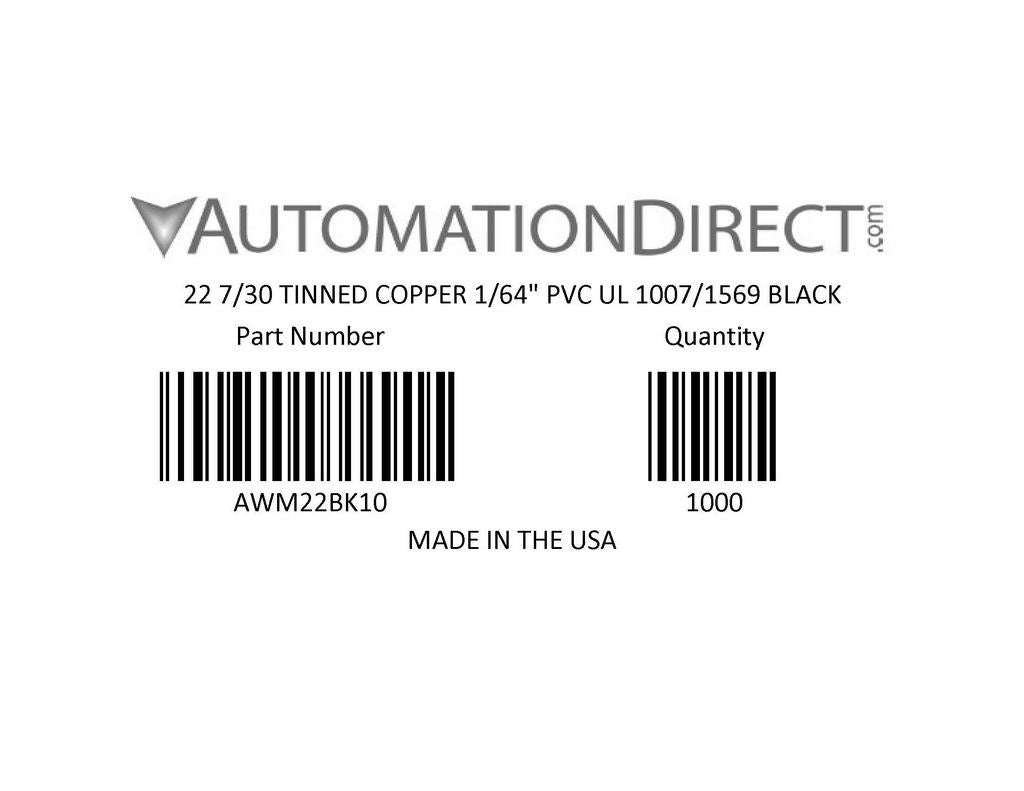 Atlas Wire AWM hook-up wire, single conductor, 22 AWG, 7-stranded, tinned copper, PVC conductor insulation material, black, 300V, 1000ft spool.-AWM22BK10