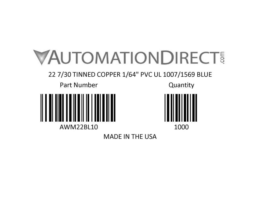 Atlas Wire AWM hook-up wire, single conductor, 22 AWG, 7-stranded, tinned copper, PVC conductor insulation material, blue, 300V, 1000ft spool.-AWM22BL10