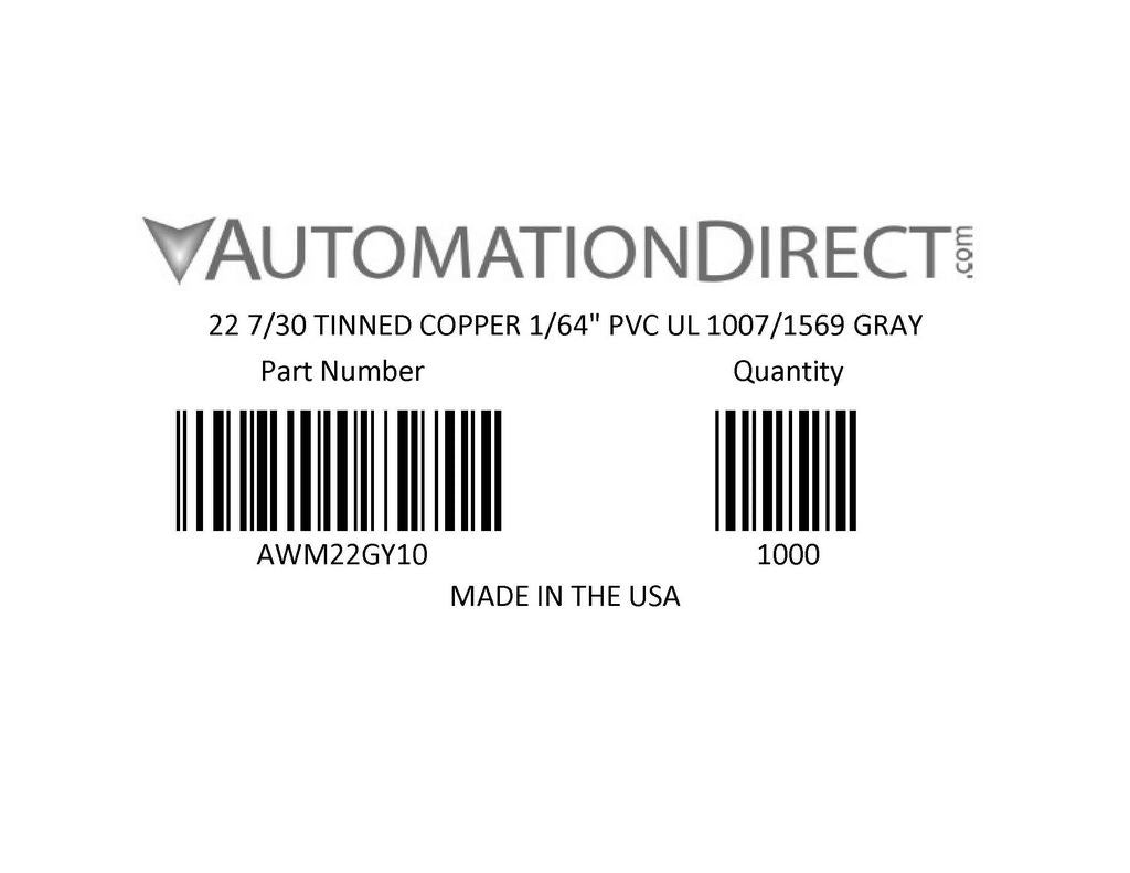 Atlas Wire AWM hook-up wire, single conductor, 22 AWG, 7-stranded, tinned copper, PVC conductor insulation material, gray, 300V, 1000ft spool.-AWM22GY10
