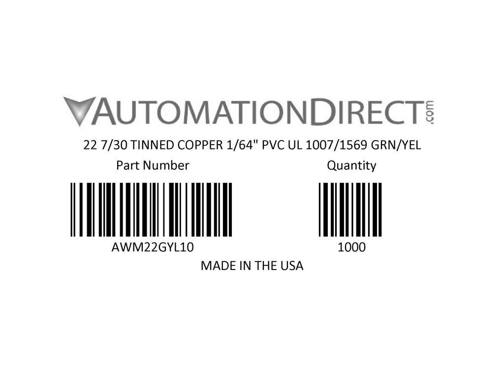 Atlas Wire AWM hook-up wire, single conductor, 22 AWG, 7-stranded, tinned copper, PVC conductor insulation material, green with yellow stripe, 300V, 1000ft spool.-AWM22GYL10