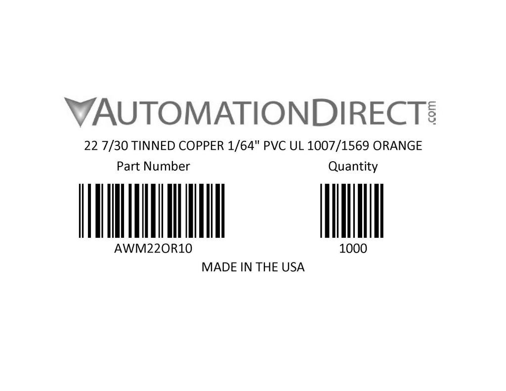 Atlas Wire AWM hook-up wire, single conductor, 22 AWG, 7-stranded, tinned copper, PVC conductor insulation material, orange, 300V, 1000ft spool.-AWM22OR10