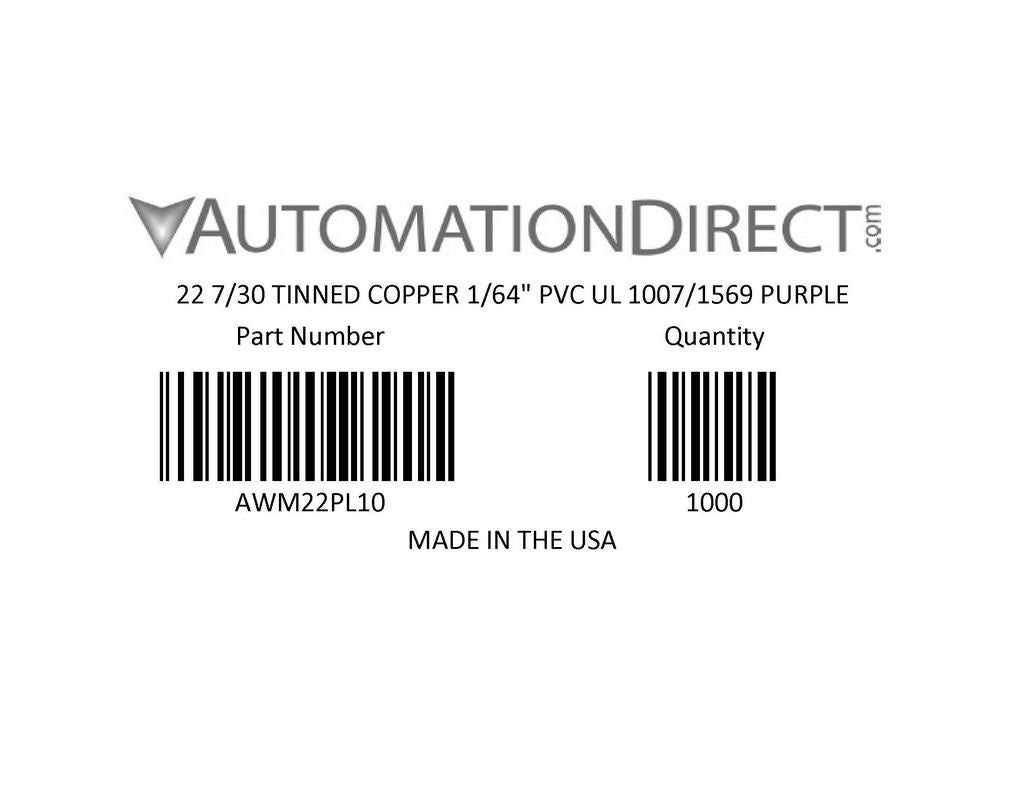Atlas Wire AWM hook-up wire, single conductor, 22 AWG, 7-stranded, tinned copper, PVC conductor insulation material, purple, 300V, 1000ft spool.-AWM22PL10