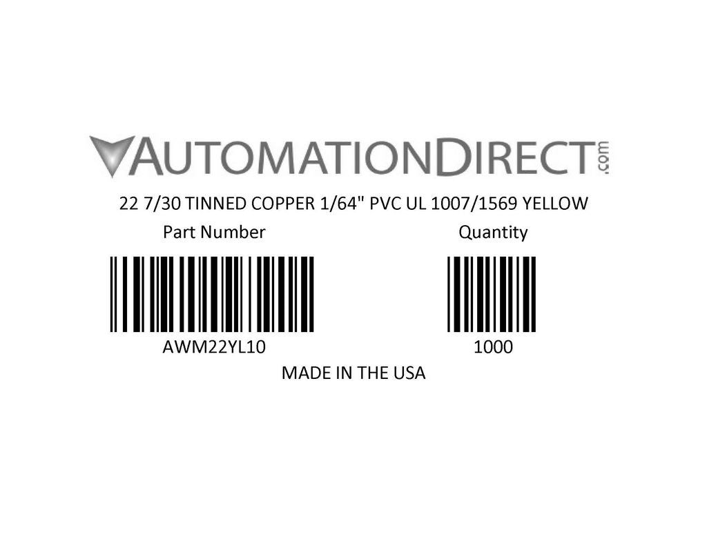 Atlas Wire AWM hook-up wire, single conductor, 22 AWG, 7-stranded, tinned copper, PVC conductor insulation material, yellow, 300V, 1000ft spool.-AWM22YL10