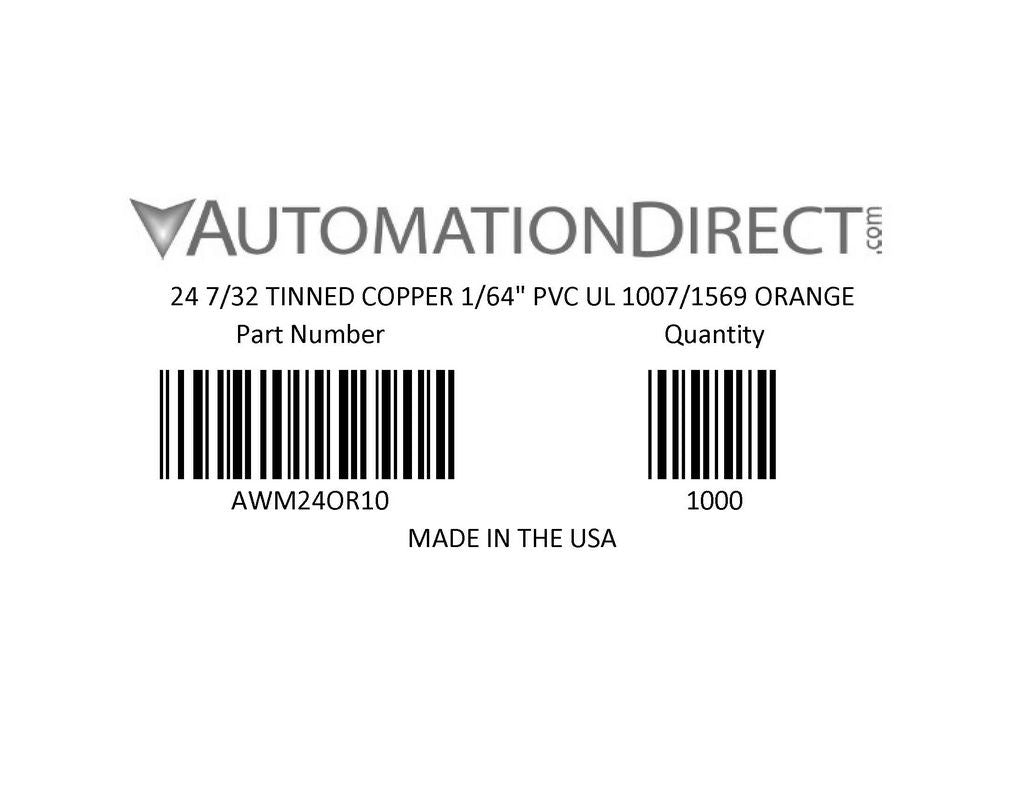 Atlas Wire AWM hook-up wire, single conductor, 24 AWG, 7-stranded, tinned copper, PVC conductor insulation material, orange, 300V, 1000ft spool.-AWM24OR10