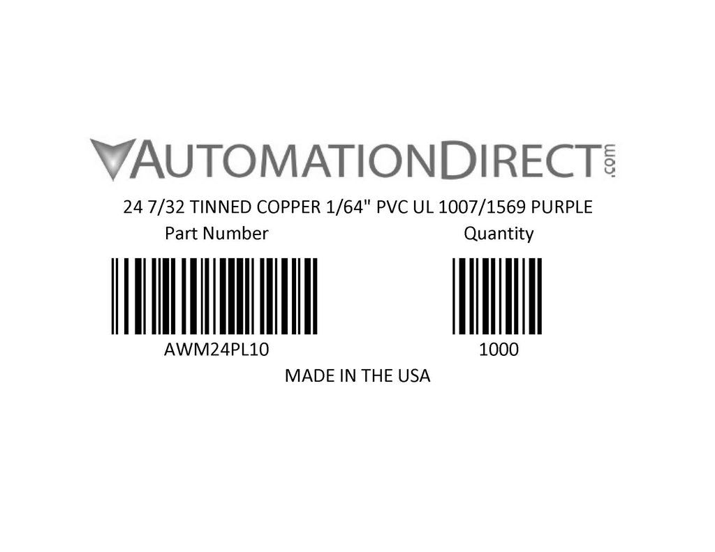 Atlas Wire AWM hook-up wire, single conductor, 24 AWG, 7-stranded, tinned copper, PVC conductor insulation material, purple, 300V, 1000ft spool.-AWM24PL10