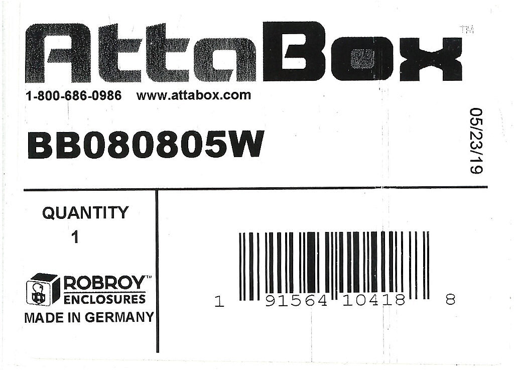 AttaBox BantamBox series enclosure, NEMA 1/3R/4/4X/12, 82 x 80 x 55mm (HxWxD), polycarbonate, RAL 7035 light gray, screw cover, purchase subpanel separately.-BB080805W