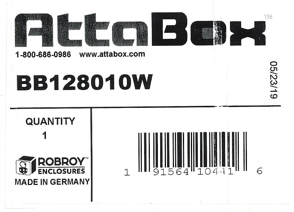 AttaBox BantamBox series enclosure, NEMA 1/3R/4/4X/12, 120 x 80 x 100mm (HxWxD), polycarbonate, RAL 7035 light gray, screw cover, purchase subpanel separately.-BB128010W