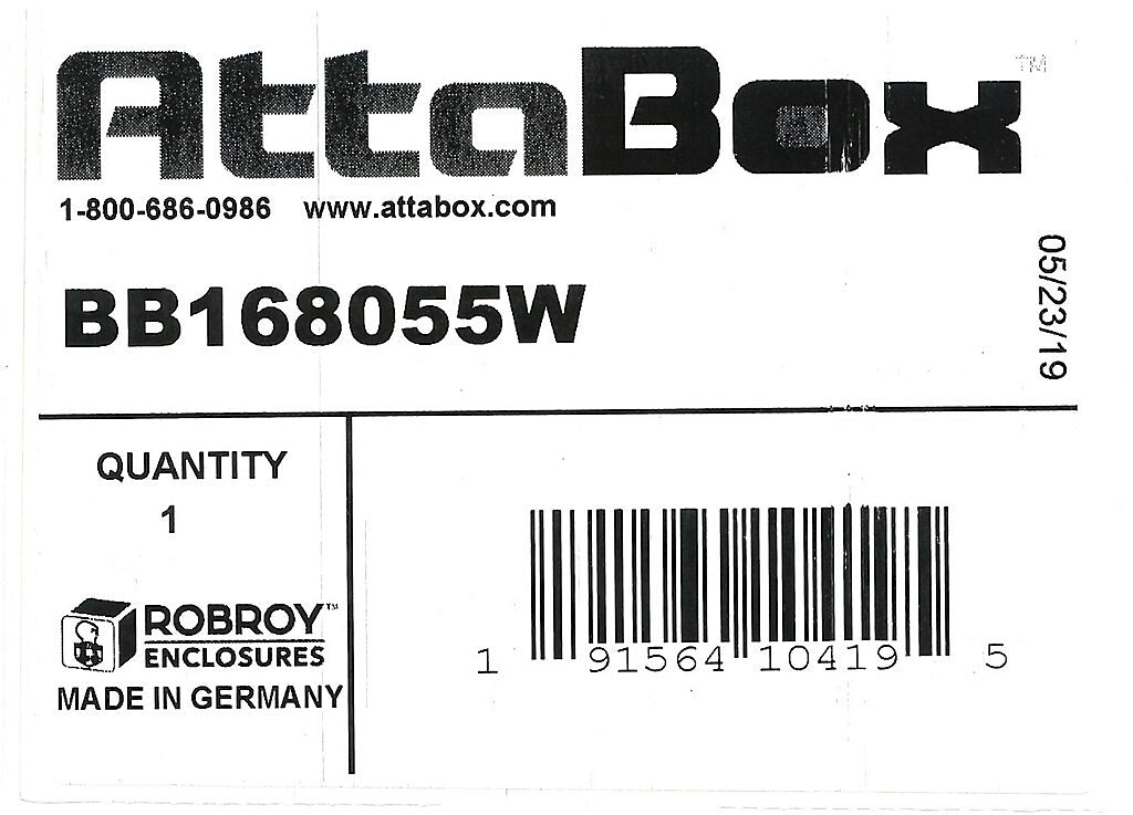 AttaBox BantamBox series enclosure, NEMA 1/3R/4/4X/12, 160 x 80 x 55mm (HxWxD), polycarbonate, RAL 7035 light gray, screw cover, purchase subpanel separately.-BB168055W