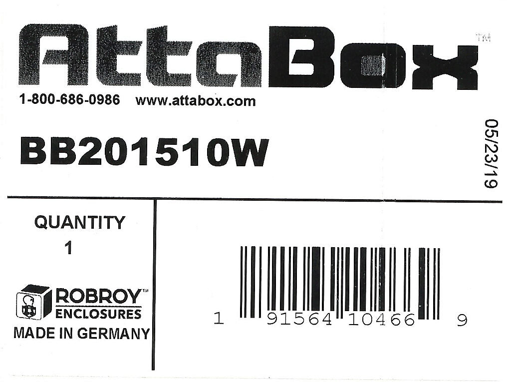 AttaBox BantamBox series enclosure, NEMA 1/3R/4/4X/12, 200 x 150 x 100mm (HxWxD), polycarbonate, RAL 7035 light gray, screw cover, purchase subpanel separately.-BB201510W