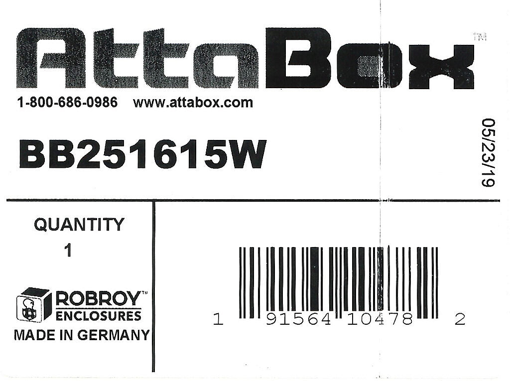 AttaBox BantamBox series enclosure, NEMA 1/3R/4/4X/12, 250 x 160 x 150mm (HxWxD), polycarbonate, RAL 7035 light gray, screw cover, purchase subpanel separately.-BB251615W