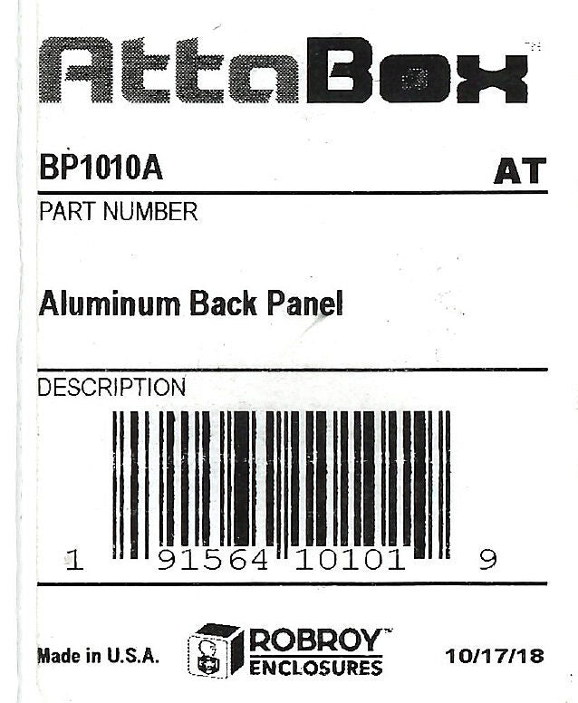 AttaBox subpanel, 3003-H14 aluminum. For use with AHxx10106xxx Heartland series enclosures.-BP1010A