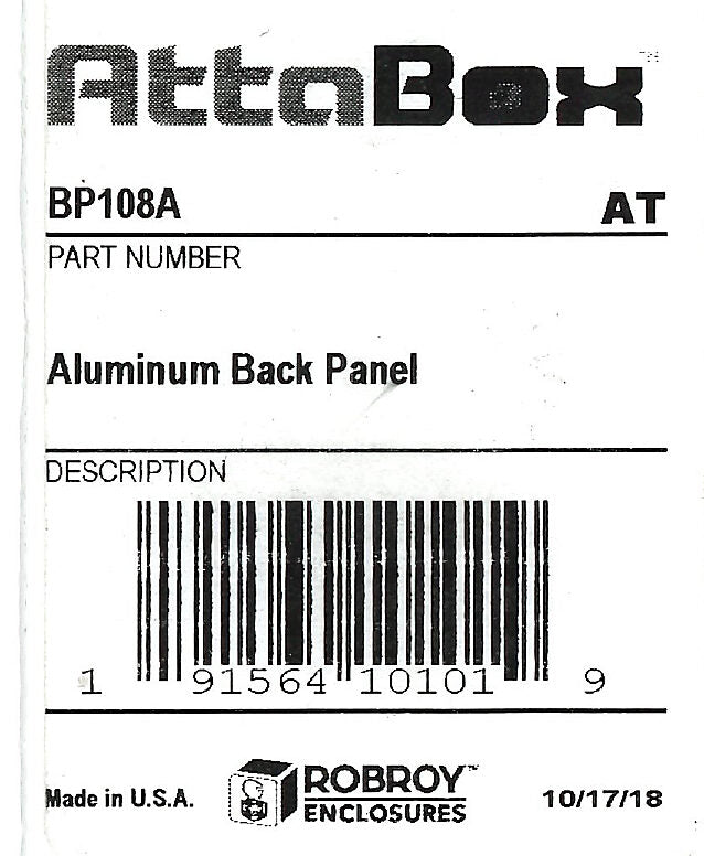 AttaBox subpanel, 3003-H14 aluminum. For use with AH1083xxx, AH1084xxx, and AHx1086xxx Heartland series enclosures.-BP108A