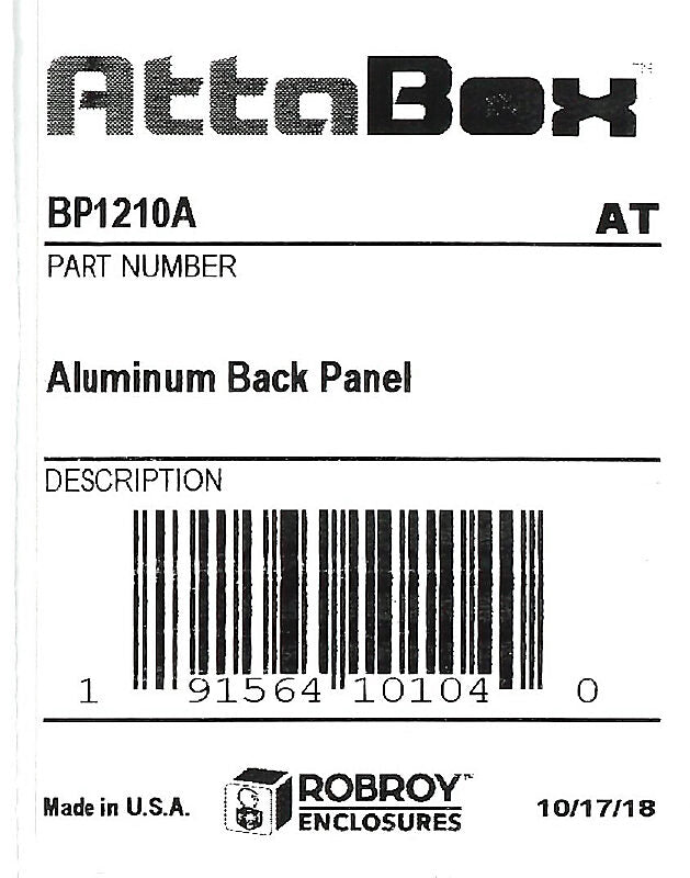AttaBox subpanel, 3003-H14 aluminum. For use with AH12104xxx and AHxx12106xxx Heartland series enclosures.-BP1210A