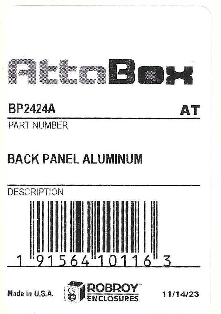 AttaBox subpanel, 3003-H14 aluminum. For use with AH24246xxx and AH242410xxx Heartland series enclosures.-BP2424A