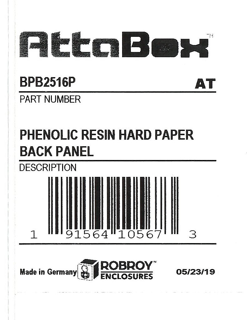 AttaBox subpanel, phenolic resin hard paper. For use with 10x6 (HxW) BB2516xxW & BBCC25161xW BantamBox series enclosures.-BPB2516P