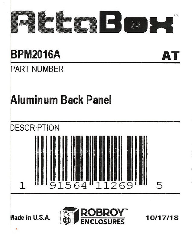 AttaBox subpanel, 3003-H14 aluminum. For use with 20x16 (HxW) FRx201610xx Freedom series and Mx808xx & WH-M2016Hxx MachoBox series enclosures.-BPM2016A