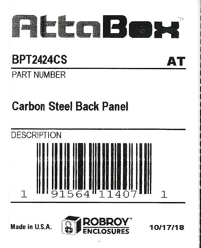 AttaBox subpanel, carbon steel, white, powder coat finish. For use with 24x24 (HxW) T24241xxxT & TW242410HWT Triton series enclosures.-BPT2424CS