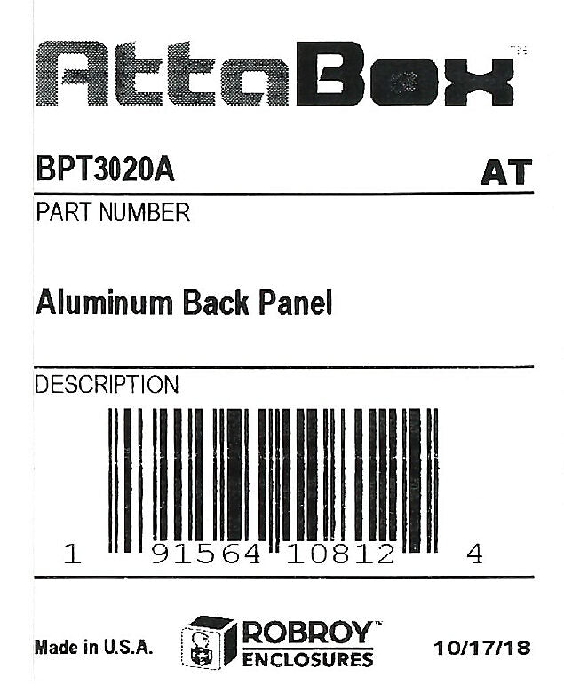 AttaBox subpanel, 3003-H14 aluminum. For use with 30x20 (HxW) T3020xxxxT & TW30208HWT Triton series enclosures.-BPT3020A