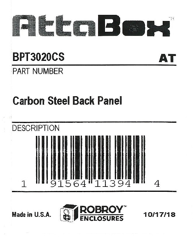 AttaBox subpanel, carbon steel, white, powder coat finish. For use with 30x20 (HxW) T3020xxxxT & TW30208HWT Triton series enclosures.-BPT3020CS