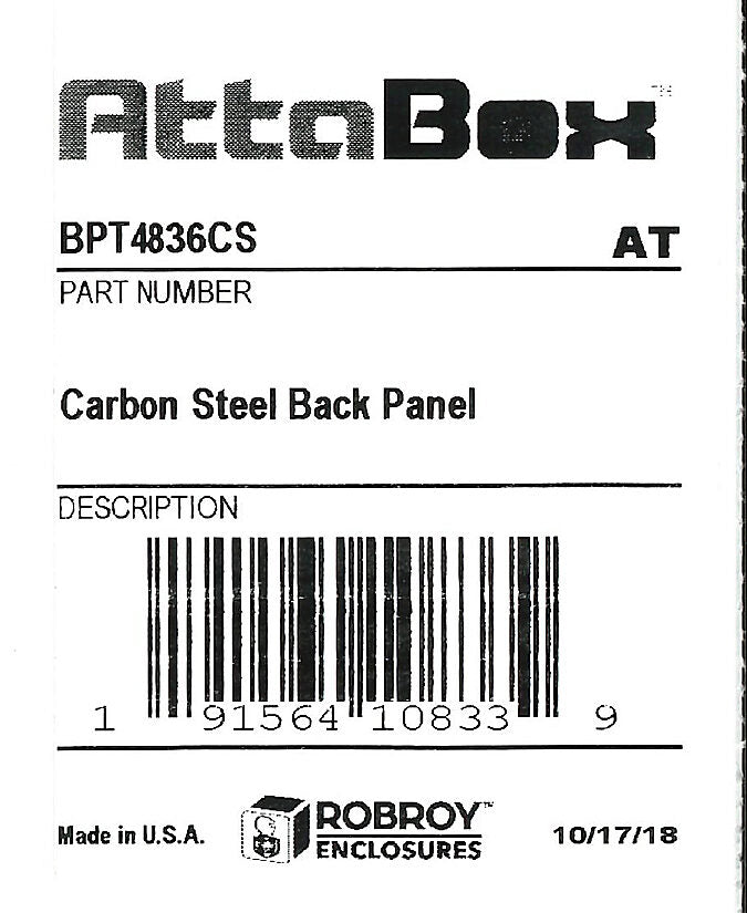 AttaBox subpanel, carbon steel, white, powder coat finish. For use with 48x36 (HxW) T48361xxxT & TW483612HWT Triton series enclosures.-BPT4836CS