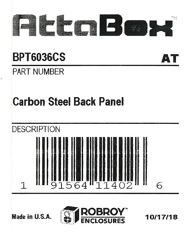 AttaBox subpanel, carbon steel, white, powder coat finish. For use with 60x36 (HxW) T60361xxxT Triton series enclosures.-BPT6036CS