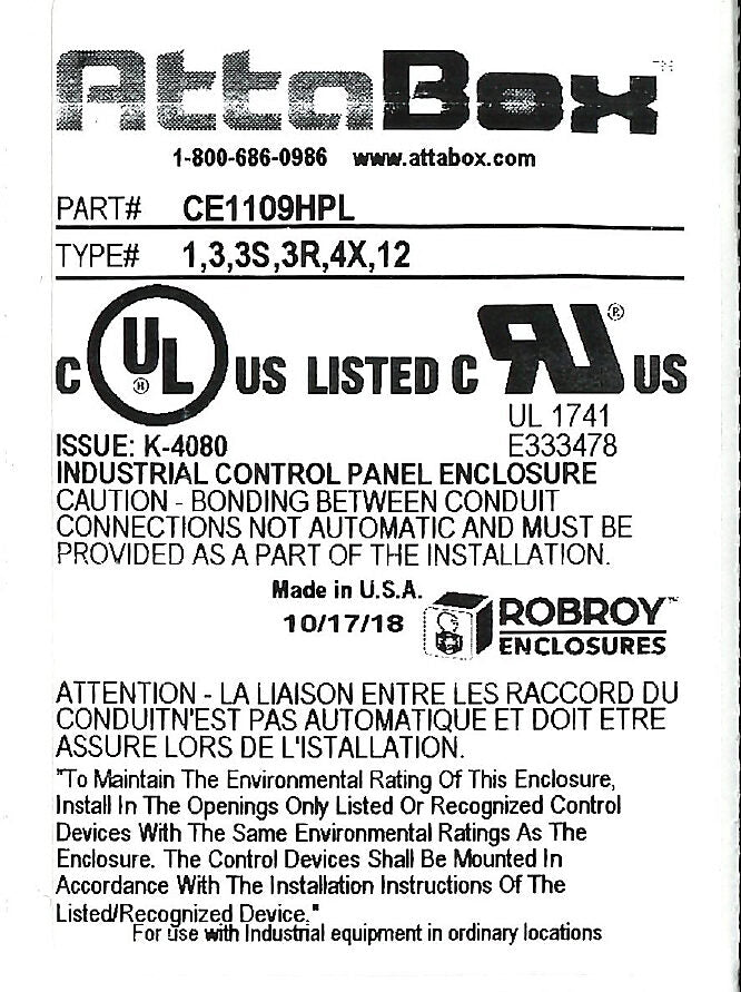 AttaBox Centurion series enclosure, NEMA 1/3/3S/3R/4X/12, 11 x 9 x 6in (HxWxD), wall mount, fiberglass reinforced polyester, gray, crowned single-door, (1) quick-release latch, padlock hasp and staple.-CE1109HPL