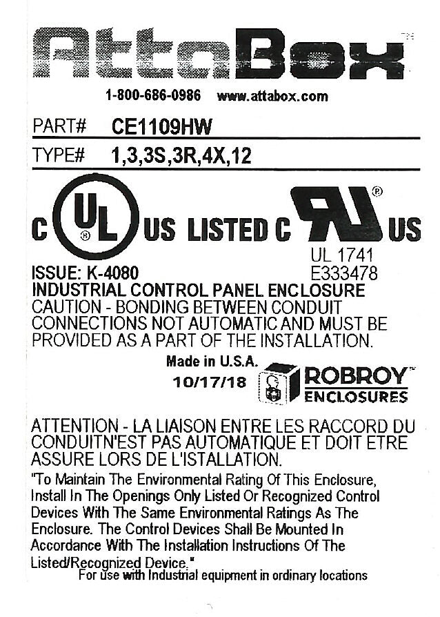 AttaBox Centurion series enclosure, NEMA 1/3/3S/3R/4X/12, 11 x 9 x 6in (HxWxD), wall mount, fiberglass reinforced polyester, gray, crowned hinged screw cover.-CE1109HW