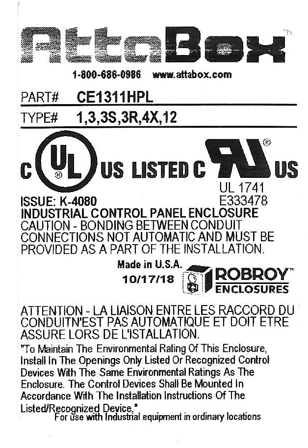 AttaBox Centurion series enclosure, NEMA 1/3/3S/3R/4X/12, 13 x 11 x 6in (HxWxD), wall mount, fiberglass reinforced polyester, gray, crowned single-door, (1) quick-release latch, padlock hasp and staple.-CE1311HPL
