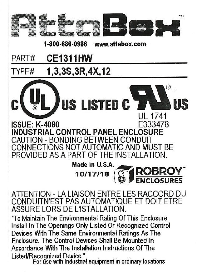AttaBox Centurion series enclosure, NEMA 1/3/3S/3R/4X/12, 13 x 11 x 6in (HxWxD), wall mount, fiberglass reinforced polyester, gray, crowned hinged screw cover.-CE1311HW