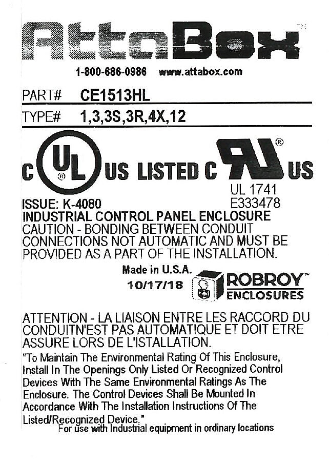 AttaBox Centurion series enclosure, NEMA 1/3/3S/3R/4X/12, 15 x 13 x 7in (HxWxD), wall mount, fiberglass reinforced polyester, gray, crowned single-door, (1) 1/4-turn flush-mounted latch.-CE1513HL