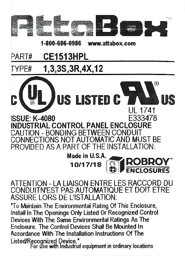 AttaBox Centurion series enclosure, NEMA 1/3/3S/3R/4X/12, 15 x 13 x 7in (HxWxD), wall mount, fiberglass reinforced polyester, gray, crowned single-door, (2) quick-release latches, padlock hasp and staple.-CE1513HPL