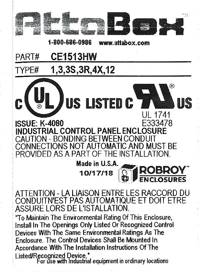 AttaBox Centurion series enclosure, NEMA 1/3/3S/3R/4X/12, 15 x 13 x 7in (HxWxD), wall mount, fiberglass reinforced polyester, gray, crowned hinged screw cover.-CE1513HW