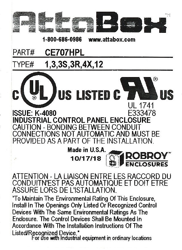 AttaBox Centurion series enclosure, NEMA 1/3/3S/3R/4X/12, 7 x 7 x 5in (HxWxD), wall mount, fiberglass reinforced polyester, gray, crowned single-door, (1) quick-release latch, padlock hasp and staple.-CE707HPL