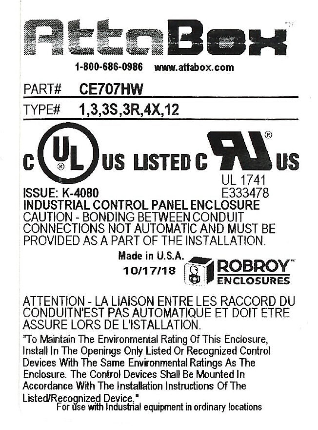 AttaBox Centurion series enclosure, NEMA 1/3/3S/3R/4X/12, 7 x 7 x 5in (HxWxD), wall mount, fiberglass reinforced polyester, gray, crowned hinged screw cover.-CE707HW
