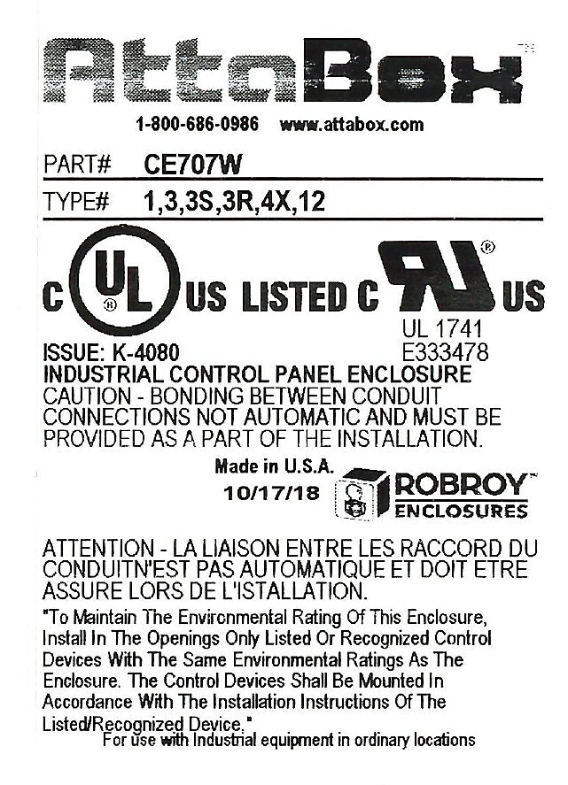 AttaBox Centurion series enclosure, NEMA 1/3/3S/3R/4X/12, 7 x 7 x 5in (HxWxD), wall mount, fiberglass reinforced polyester, gray, crowned screw cover.-CE707W