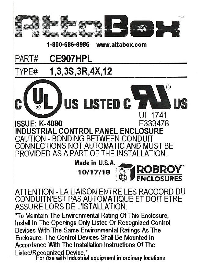 AttaBox Centurion series enclosure, NEMA 1/3/3S/3R/4X/12, 9 x 7 x 5in (HxWxD), wall mount, fiberglass reinforced polyester, gray, crowned single-door, (1) quick-release latch, padlock hasp and staple.-CE907HPL