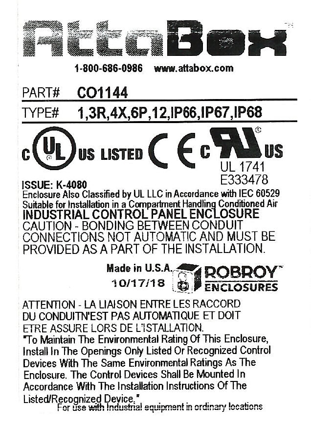 AttaBox Commander series pushbutton enclosure, blank cover, NEMA 1/3R/4X/6P/12, 11 x 4 x 4in (HxWxD), wall mount, fiberglass reinforced polyester, gray, crowned screw cover.-CO1144